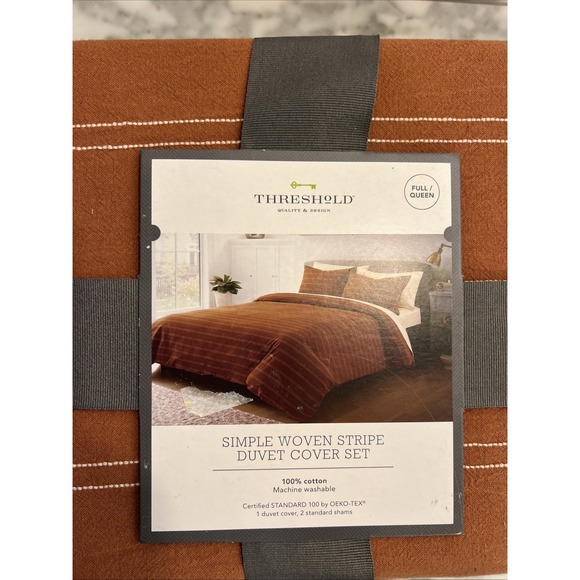 3pc Full/Queen Simple Woven Stripe Duvet & Sham Set Cognac - Threshold Cotton - Picture 1 of 6